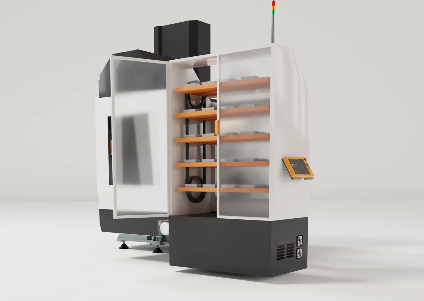 Axton Robotics carousel machine tending station standing next to a vertical CNC machine