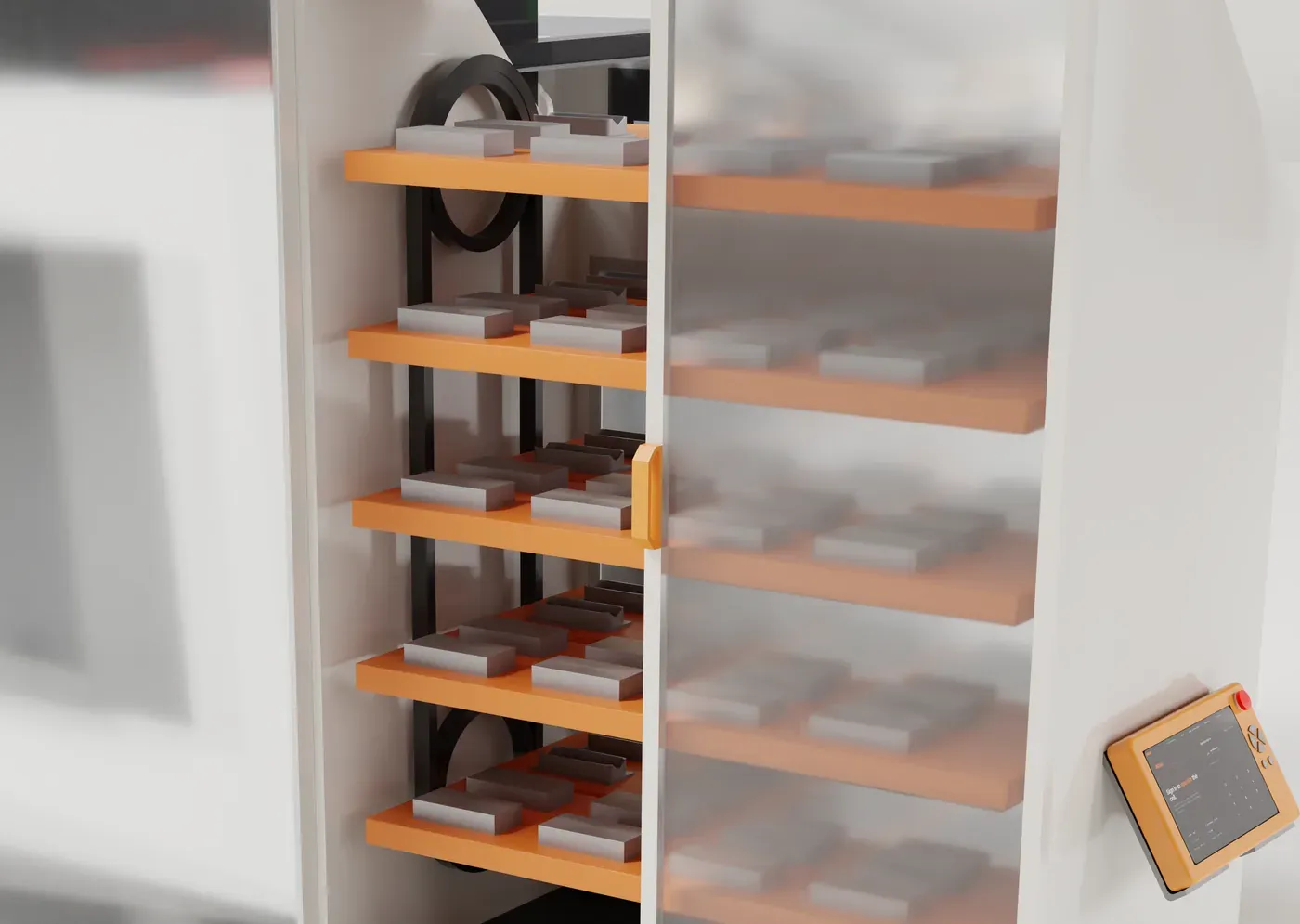 Rotating shelves of parts inside the Axton Robotics carousel, seen through its glass doors
