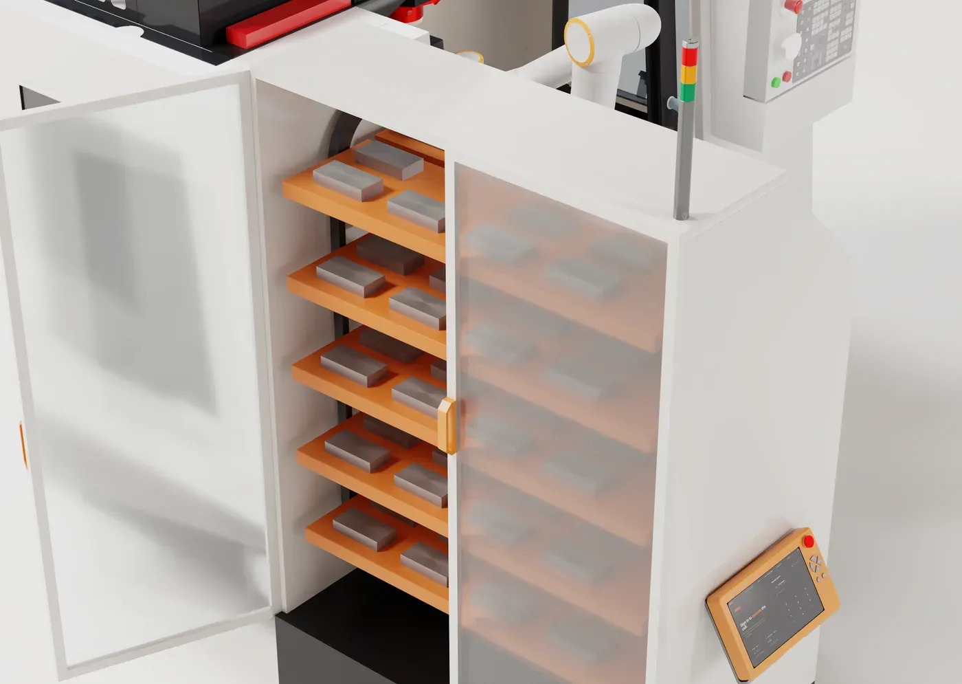 Axton Robotics carousel with its doors open, showing the stacked rotating shelves