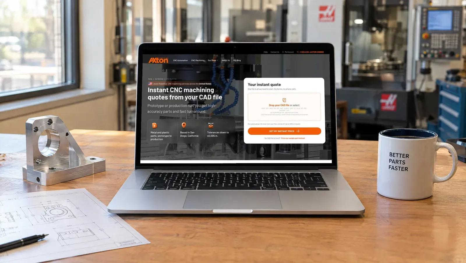 Laptop on a desk showing the Axton CNC machining page with the instant quote upload box