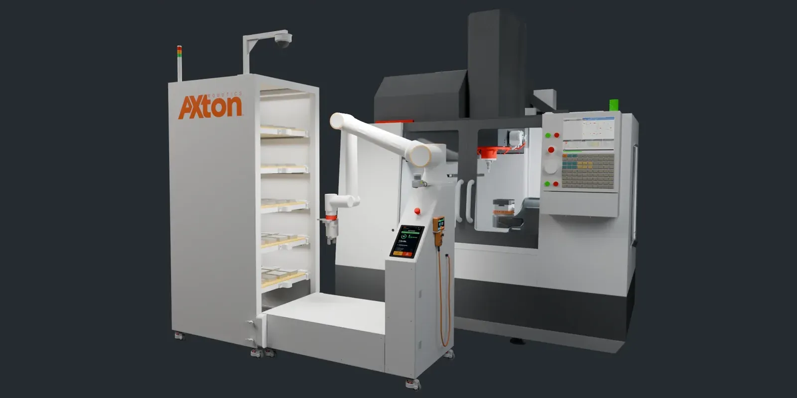 Axton Tower CNC machine tending station with cobot at FABTECH 2026