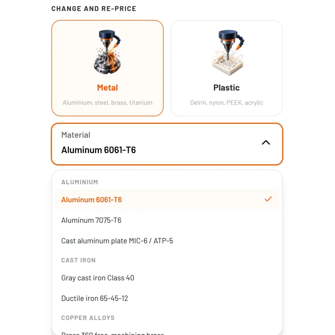 Metal and plastic cards above a material list open on Aluminum 6061-T6, with 7075-T6, MIC-6 plate and cast iron grades below