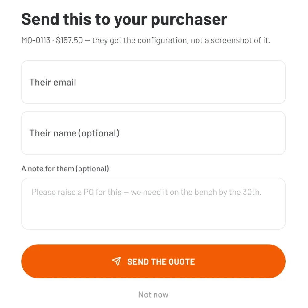 Send this to your purchaser dialog with their email, their name, a note and a Send the quote button