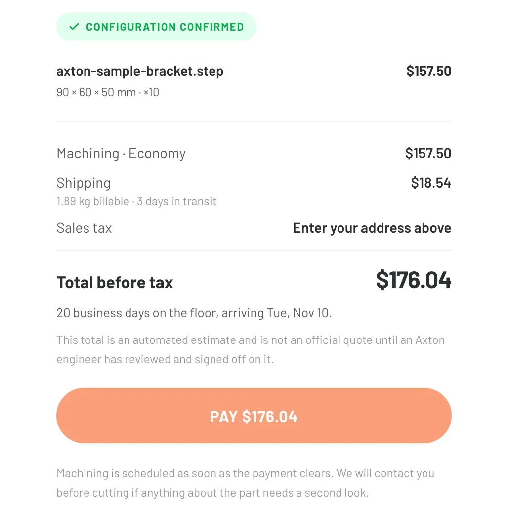 Order summary showing machining $157.50, shipping $18.54 and total before tax $176.04