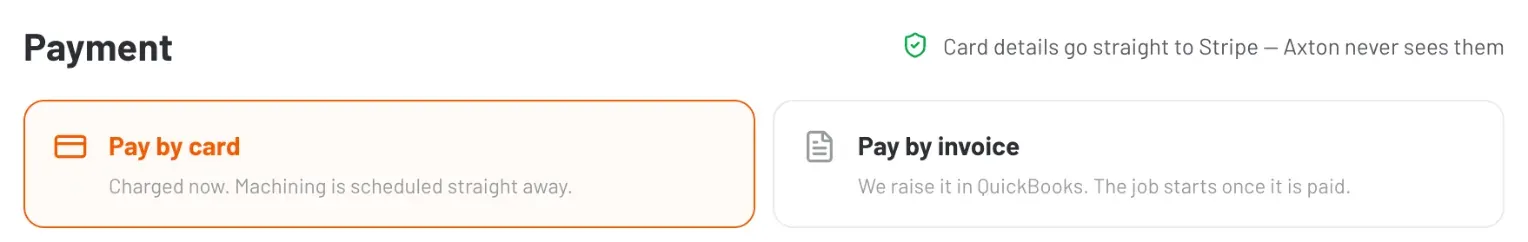 Payment options Pay by card and Pay by invoice
